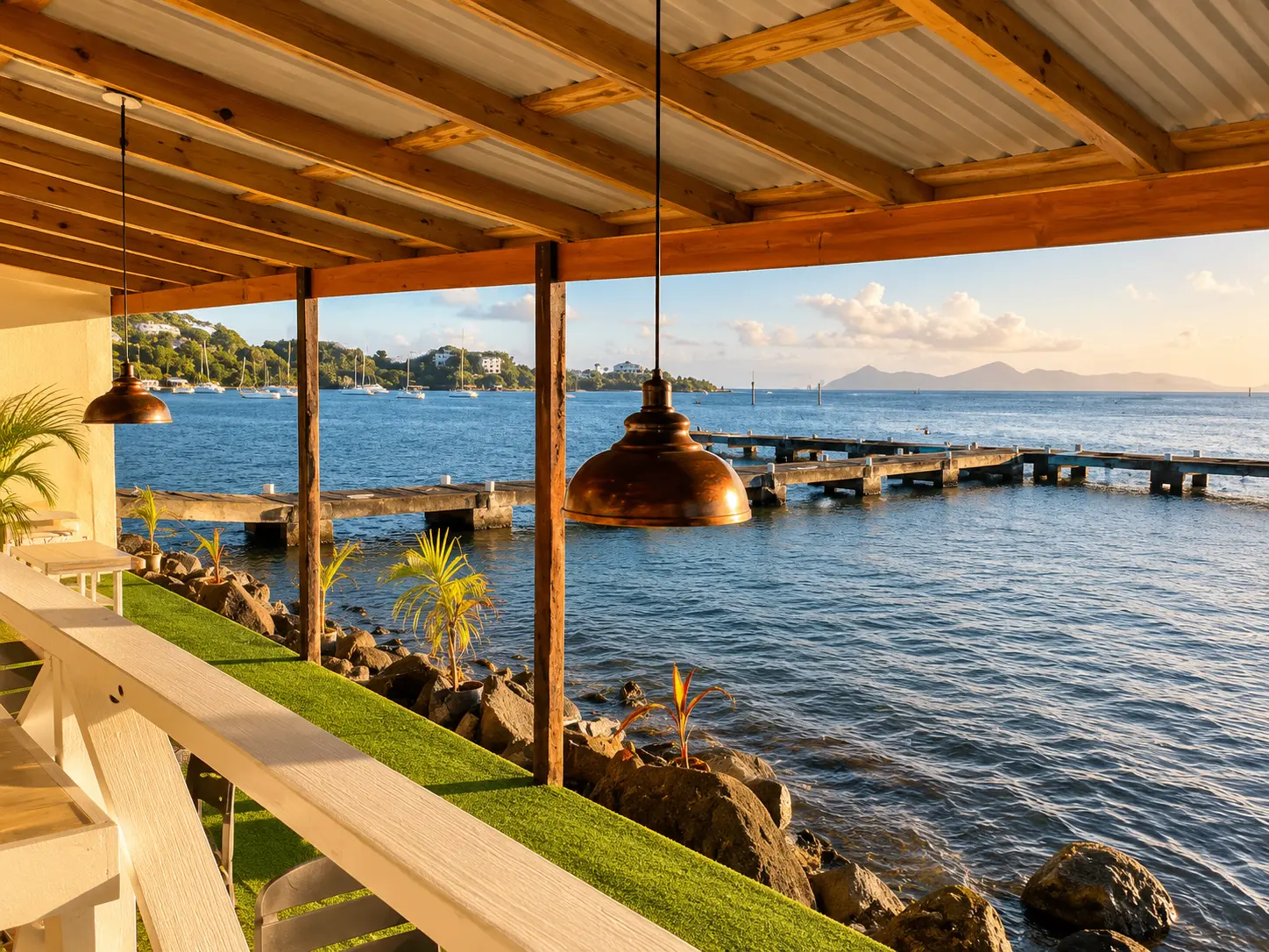 Jetty and open water in front of Point Bay Resort at sunset